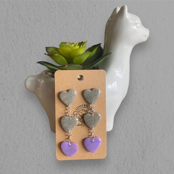 Handmade Lavender Purple and Speckled Grey Polymer Clay Earrings - Dainty Hearts - Picture 2 of 5